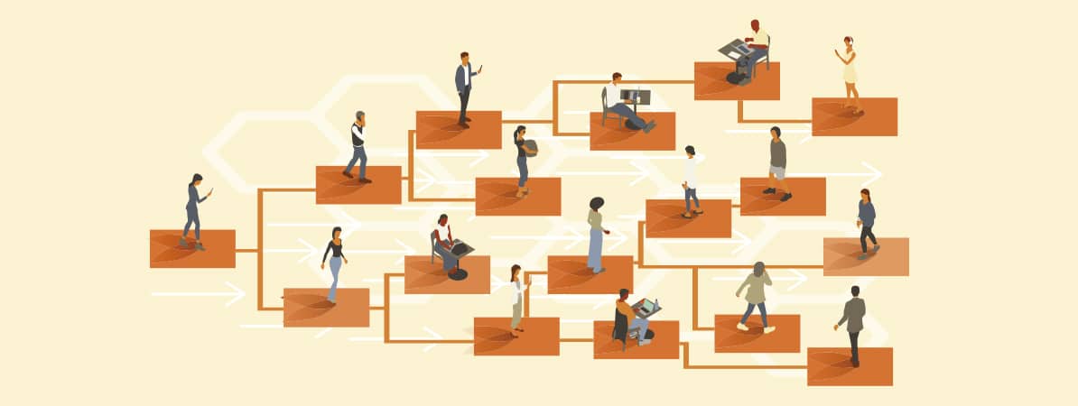 Ilustración de una red de personas conectadas que representa el empleo y la colaboración.