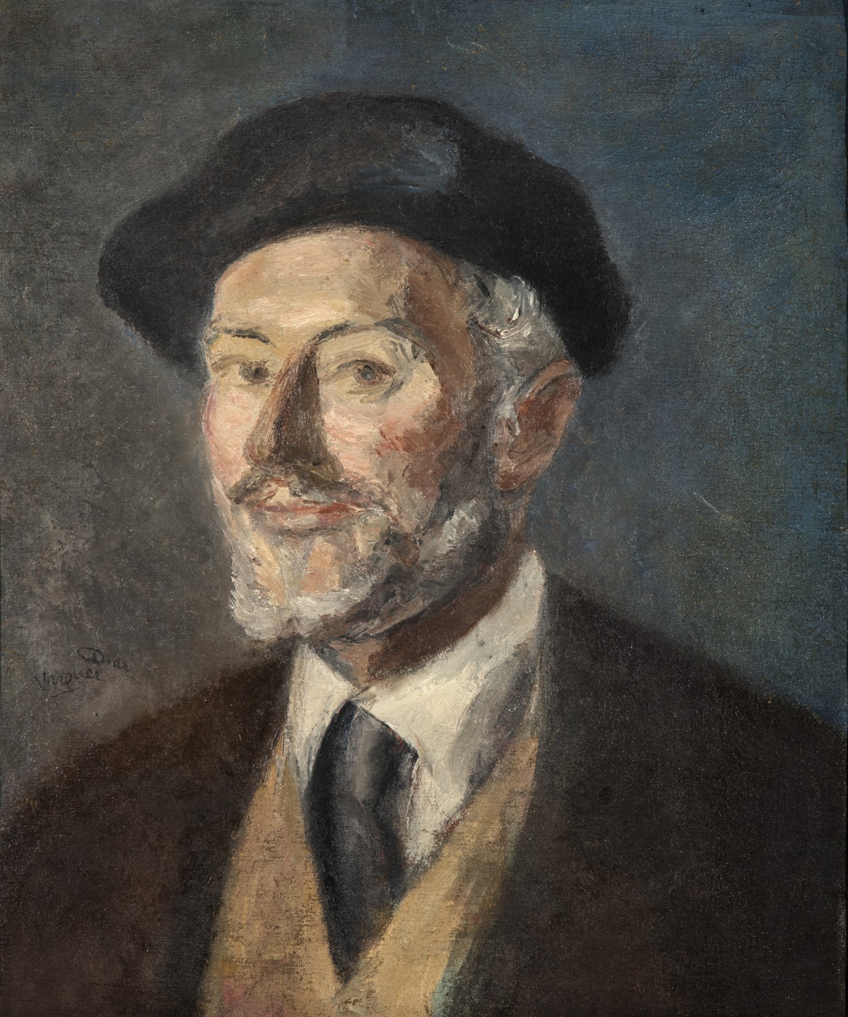 Retrato de personaje francés con boina y barba blanca