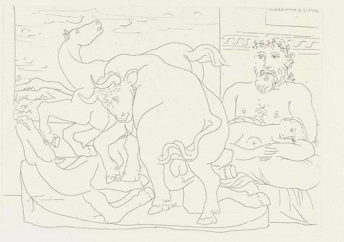 Escultor en reposo ante dos caballos y un toro © Pablo Picasso: Sucesión Pablo Picasso / VEGAP, Madrid © COLECCIONES Fundación MAPFRE