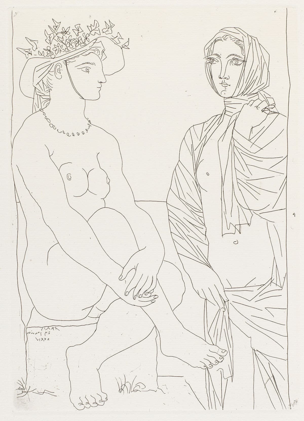 Mujer sentada con sombrero y mujer de pie cubierta © Pablo Picasso: Sucesión Pablo Picasso / VEGAP, Madrid © COLECCIONES Fundación MAPFRE