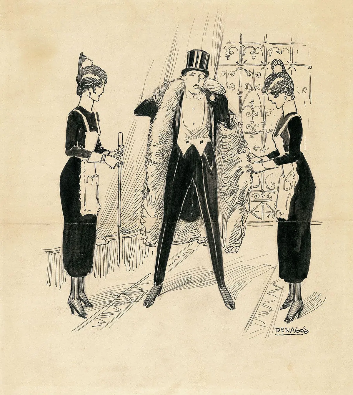 Hombre en chaqué con dos doncellas Hombre en chaqué con dos doncellas © COLECCIONES Fundación MAPFRE