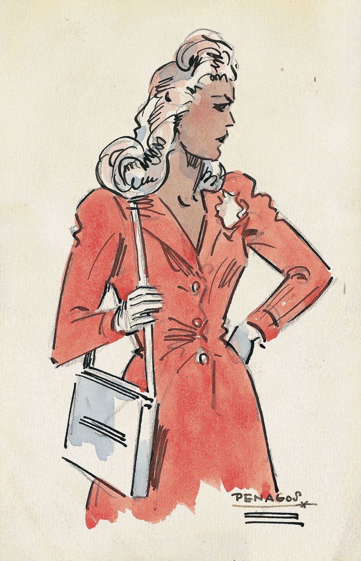 Mujer con traje rojo y bolsa © COLECCIONES Fundación MAPFRE