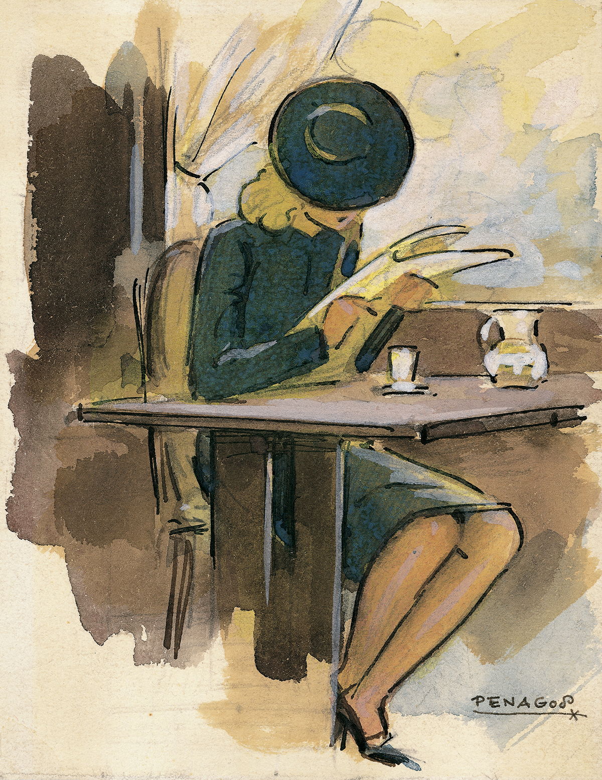 Mujer en un café leyendo © COLECCIONES Fundación MAPFRE