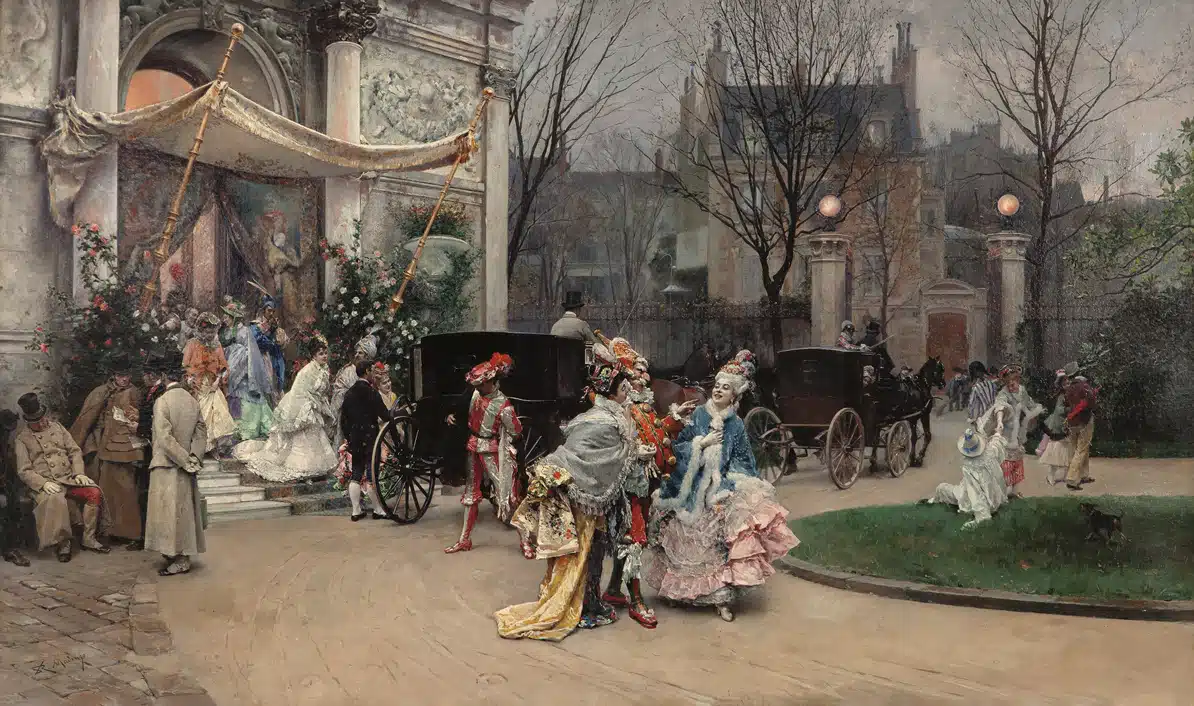 Una detallada pintura del siglo XIX titulada Salida del baile de máscara, de Raimundo de Madrazo, que representa una elegante escena en el exterior de un gran edificio tras un baile de máscaras. Figuras aristocráticas con trajes y máscaras ornamentados salen del lugar. En las inmediaciones aguardan carruajes tirados por caballos, y la escena tiene como telón de fondo un jardín con árboles desnudos.