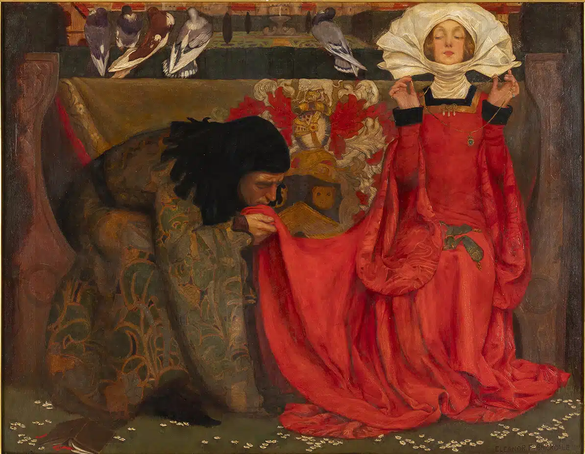 Woman in white veil and red gown spurns a kneeling man kissing her cloak