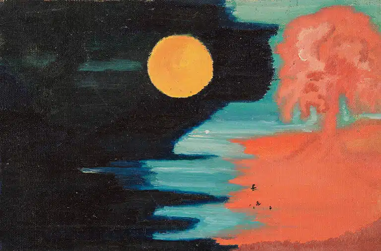 Else Blankenhorn Night landscape with full moon, water and a tree painted in dark and orange tones.