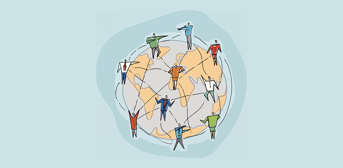 Análisis demográfico y su impacto en el sector asegurado Ilustración de personas conectadas en un mapa mundial