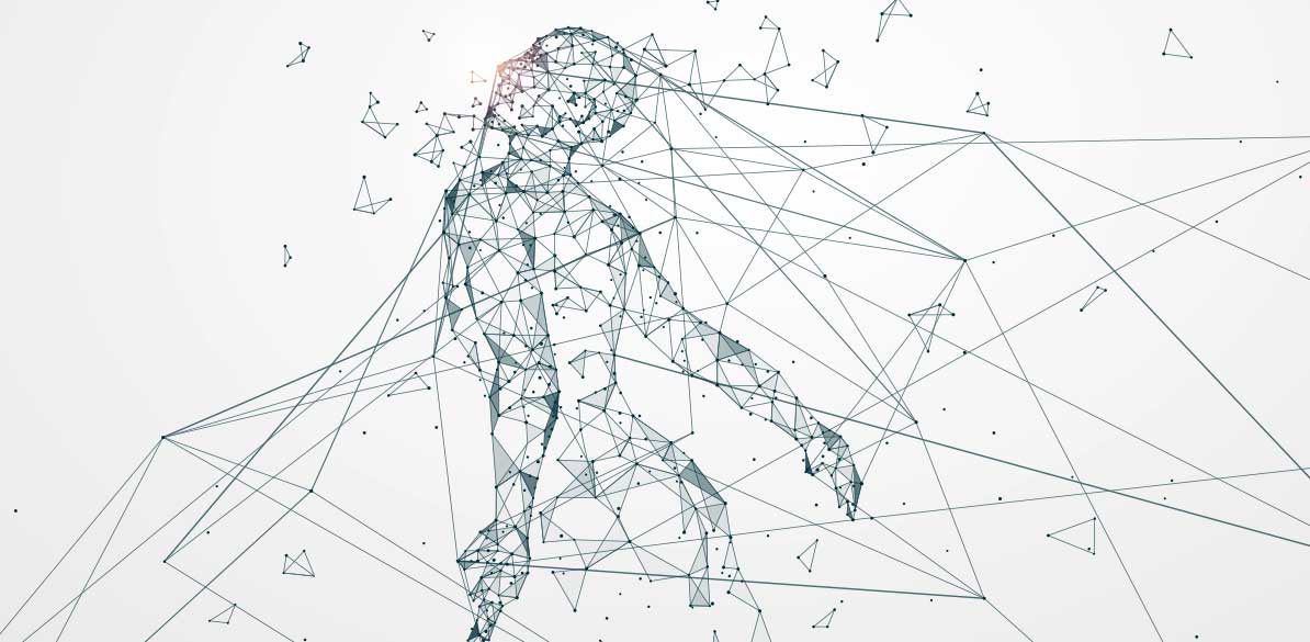 Jornada de valoración del daño corporal Figura humana formada por conexiones digitales sobre valoración del daño corporal