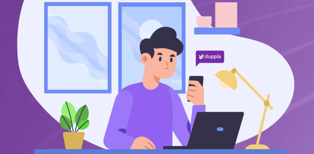 Ilustración de persona usando plataforma Duppla para consulta sobre prevención de cáncer.