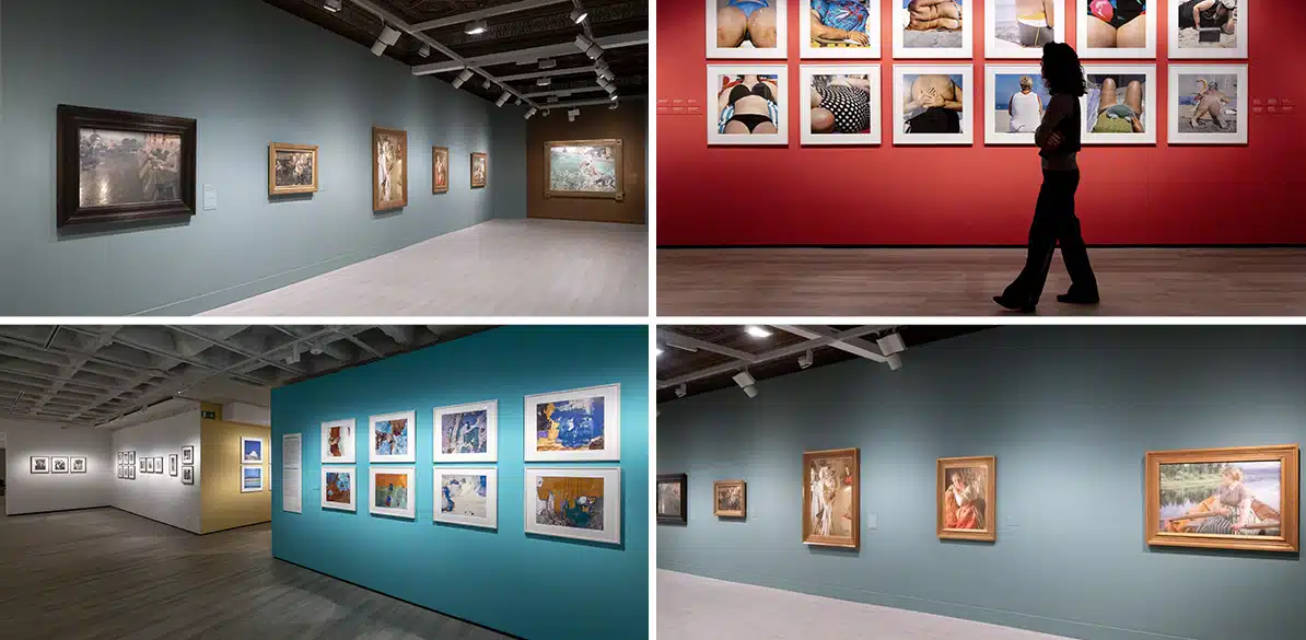Día Mundial del Arte Collage de cuatro salas de exposición de Fundación Mapfre con obras de pintura y fotografía enmarcadas en paredes de colores gris azulado, rojo y turquesa, con una visitante contemplando las imágenes en la sala roja.