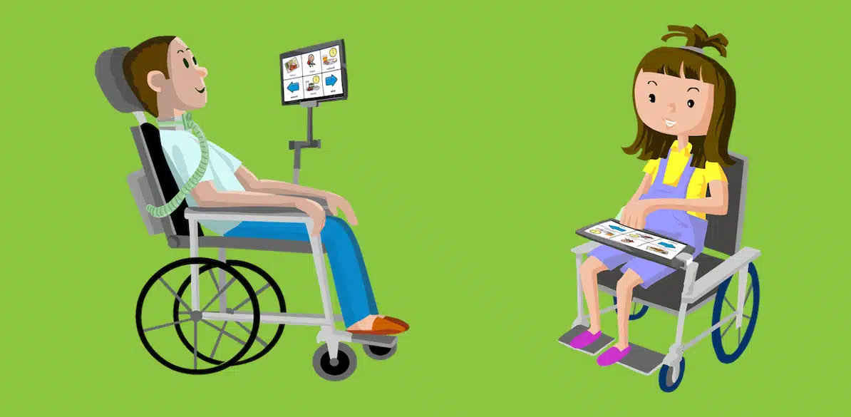 Illustration of two girls in wheelchairs using alternative communication devices with Livox technology