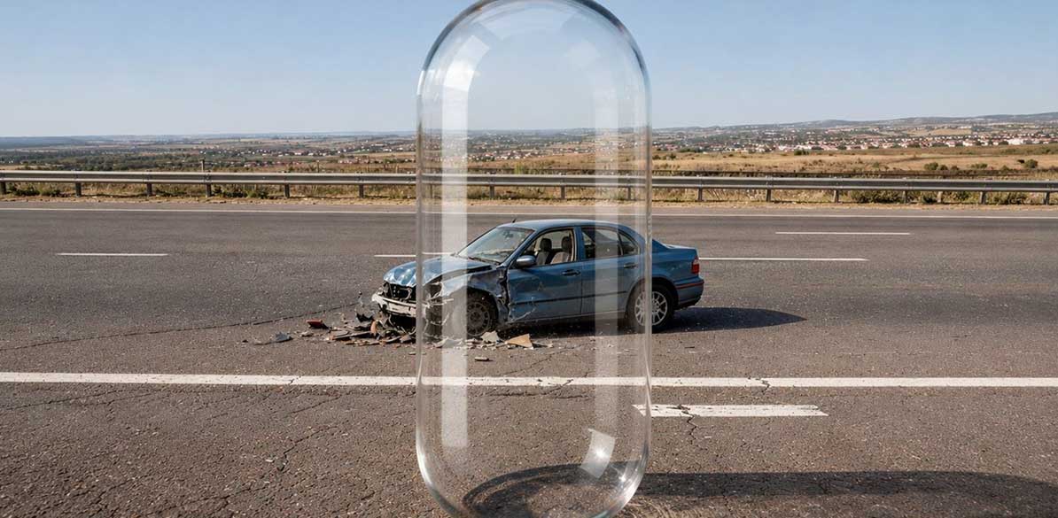 Coche accidentado con una cápsula transparente simbolizando el riesgo de usar fármacos al conducir