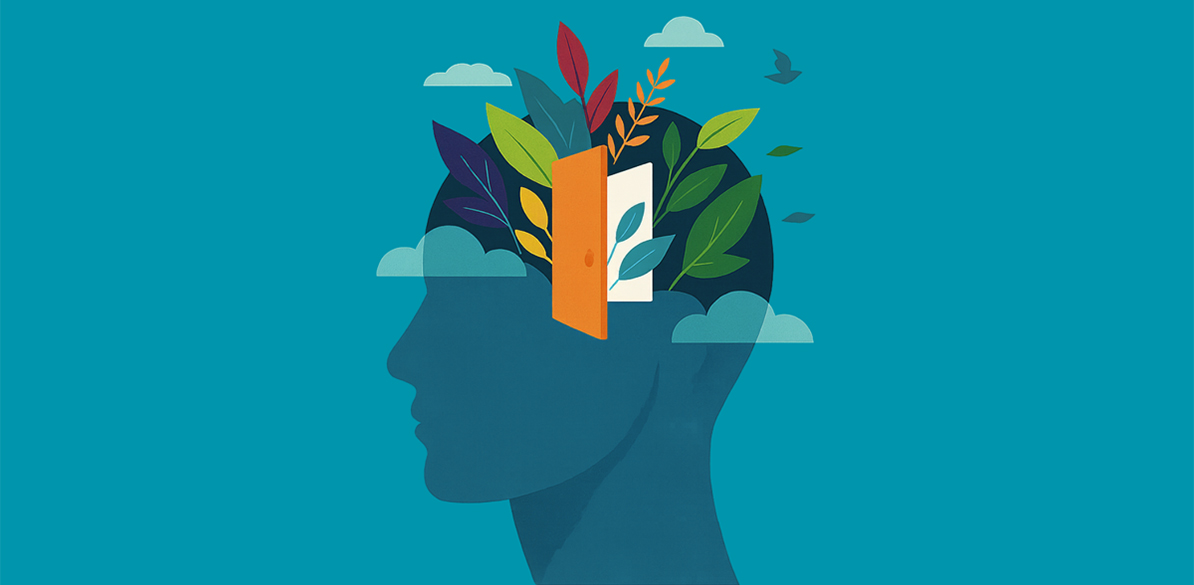 Día Mundial de la Salud Mental Ilustración de un perfil humano en tonos azules con una puerta abierta en la cabeza, de la cual brotan hojas y ramas de colores. Nubes y un ave acompañan la escena, simbolizando resiliencia, bienestar y conexión con la naturaleza, resaltando la importancia de cuidar la salud mental ante catástrofes para favorecer la recuperación emocional.