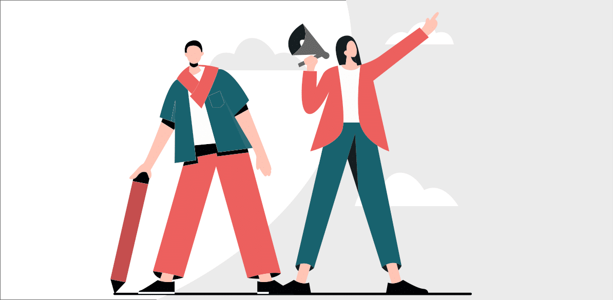 Ilustración de dos personas representando comunicación y difusión de proyectos innovadores