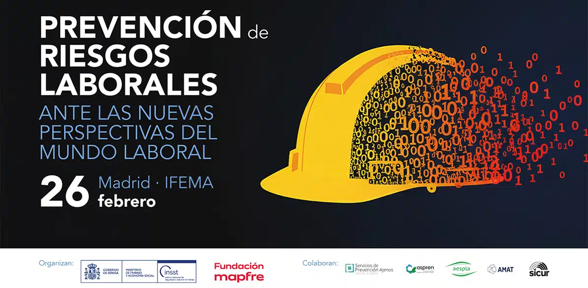 Ilustración de casco de seguridad amarillo transformándose en datos digitales, representando la prevención de riesgos laborales y la innovación tecnológica en el entorno laboral