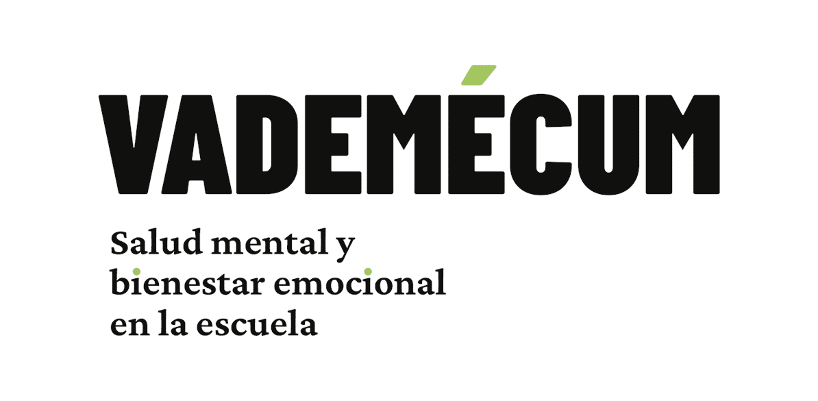 Logotipo “VADEMÉCUM” en letras negras mayúsculas con acento verde sobre la “É” y subtítulo “Salud mental y bienestar emocional en la escuela” en tipografía serif negra con puntos verdes.