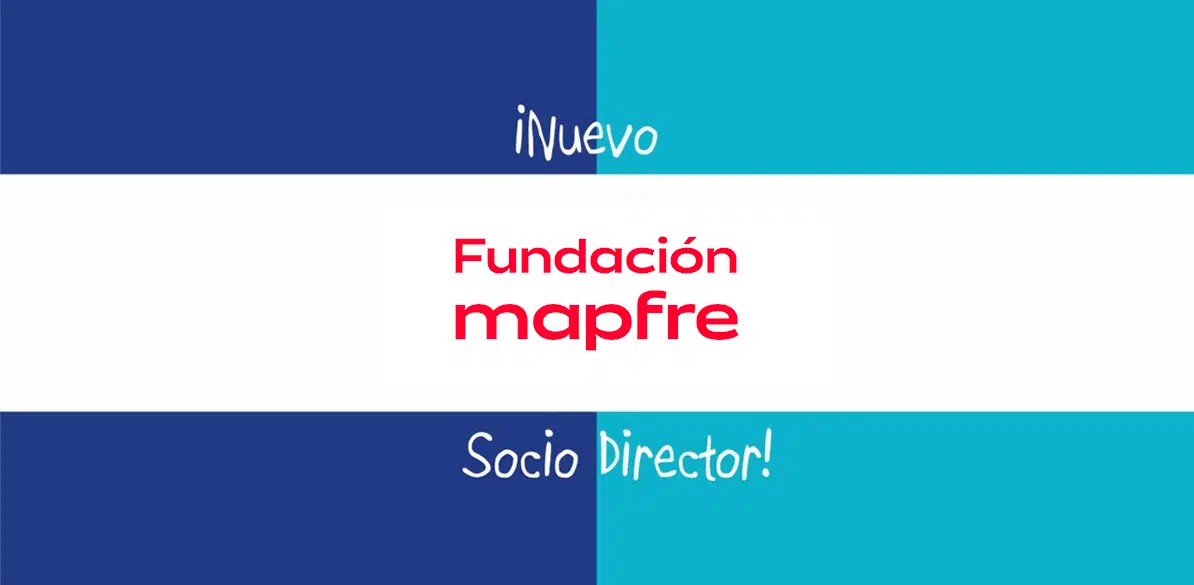 Imagen gráfica que destaca a Fundación Mapfre como nuevos socios directores de Voluntare, con una división de colores azul y turquesa, y el texto ‘¡Nuevo! Socio Director!’ en el lado izquierdo y derecho de la imagen, respectivamente.