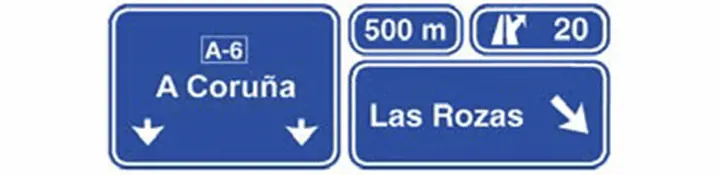 Preseñalización con señales sobre la calzada en autopista o autovía hacia cualquier carretera y dirección propia