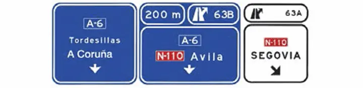 Señales sobre la calzada en autopista o autovía. Dos salidas inmediatas muy próximas hacia carretera convencional y dirección propia