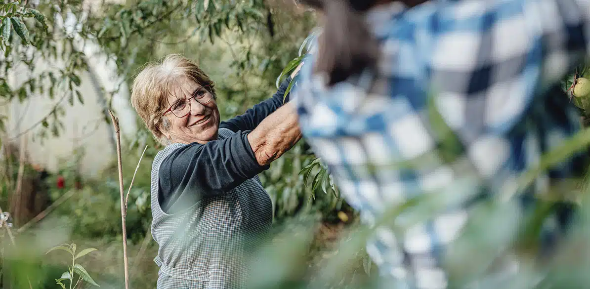Alzheimer Ávila Smiling older woman wearing glasses and a long-sleeved shirt holds a tree branch while working in a vegetable garden, accompanied by another person.