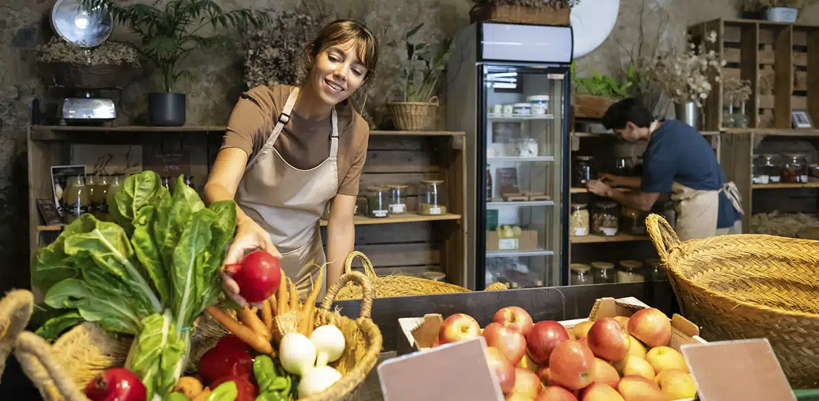 Asociación Cesal Woman in an organic produce store selecting fresh vegetables while a man organizes products in the background.