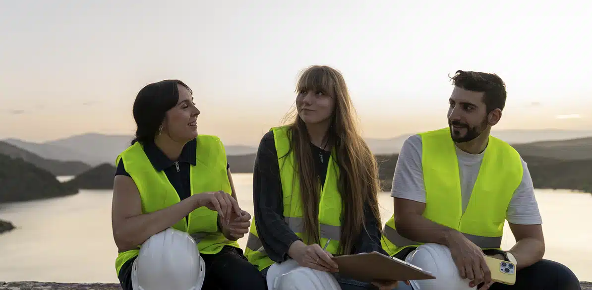 Santa María La Real Three people sitting outdoors, wearing reflective safety vests and helmets, chat while enjoying the natural landscape, symbolizing teamwork in rural areas.