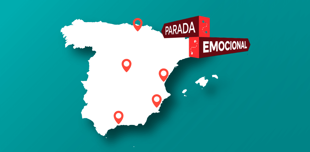 Parada Emocional ya está en camino Mapa de España con las ubicaciones señaladas de la ruta de Parada Emocional.
