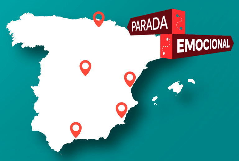 Parada Emocional ya está en camino Mapa de España con las ubicaciones señaladas de la ruta de Parada Emocional.