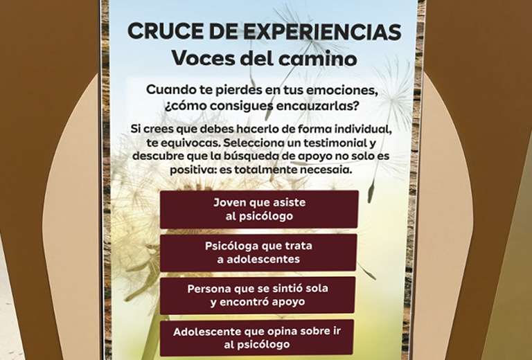 Parada Emocional Panel interactivo con testimonios sobre salud mental y búsqueda de apoyo psicológico.