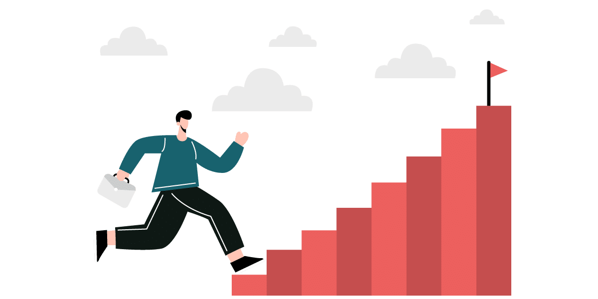 Ilustración de un hombre con maletín subiendo escaleras rojas hacia una bandera en la cima, representando el progreso y la superación de retos mediante la innovación social.