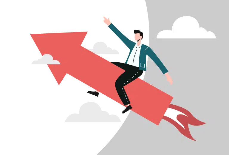 Person on a rocket-shaped arrow symbolizing success and social innovation