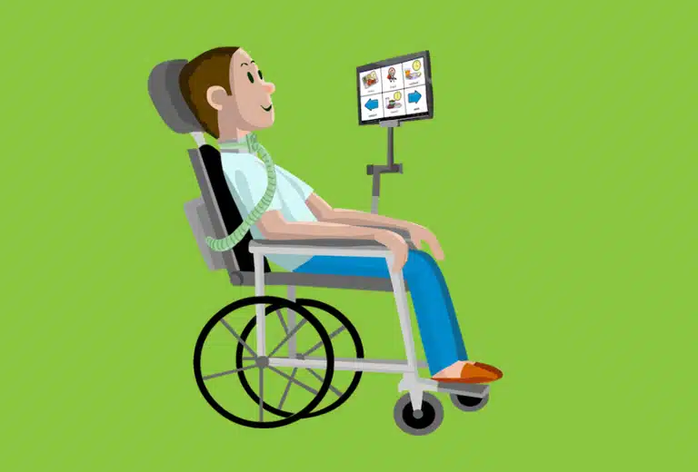 Ilustración de una persona en silla de ruedas interactuando con una tableta en soporte ajustable, representando la tecnología accesible e inclusiva del proyecto Livox para personas con discapacidad.