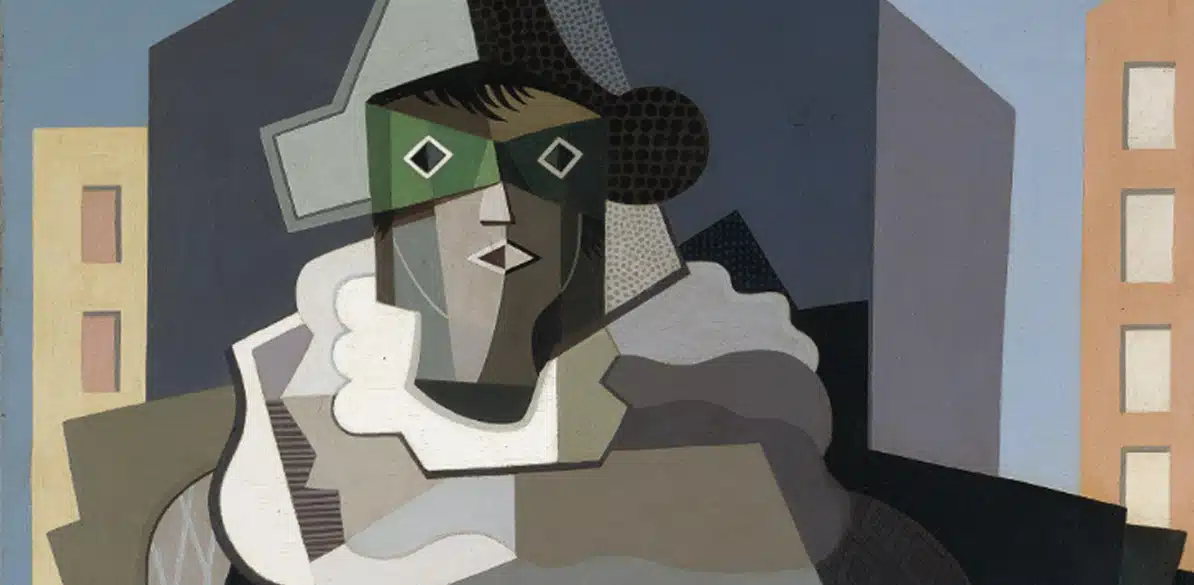 Pintura cubista que representa un personaje con casco y antifaz verde, rostro geométrico en tonos grises y marrones, fondo de edificios urbanos en colores planos.