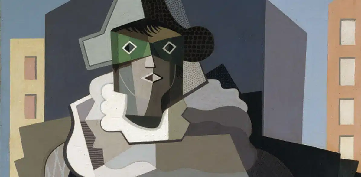 Pintura cubista que representa un personaje con casco y antifaz verde, rostro geométrico en tonos grises y marrones, fondo de edificios urbanos en colores planos.