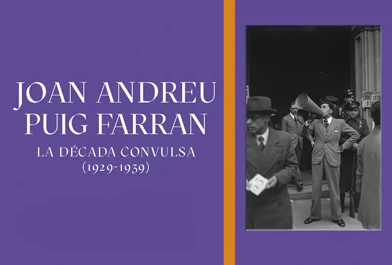 Joan Andreu Puig Farran Portada de un libro titulado 'Joan Andreu Puig Farran: La Década Convulsa (1929-1939)', que presenta una fotografía en blanco y negro de una escena de la década de 1930. La imagen muestra a un hombre de pie con un megáfono, en una postura destacada, rodeado de varias personas con sombreros, en un ambiente urbano. El fondo está parcialmente oscuro, y hay varios policías visibles. La portada tiene un diseño colorido con un fondo morado y una franja naranja vertical en el lado izquierdo.