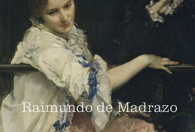 Raimundo de Madrazo Retrato de una joven mujer con una delicada expresión, vistiendo una blusa blanca con detalles de encaje y cintas azules. La mujer se encuentra sentada, apoyando su brazo en una barra, mientras mira suavemente hacia la izquierda. La obra está firmada con el nombre 'Raimundo de Madrazo', destacándose el estilo detallado y el uso de luz y sombra en el fondo oscuro. El estilo de la pintura es realista, con énfasis en la textura de la tela y los rasgos faciales de la joven.