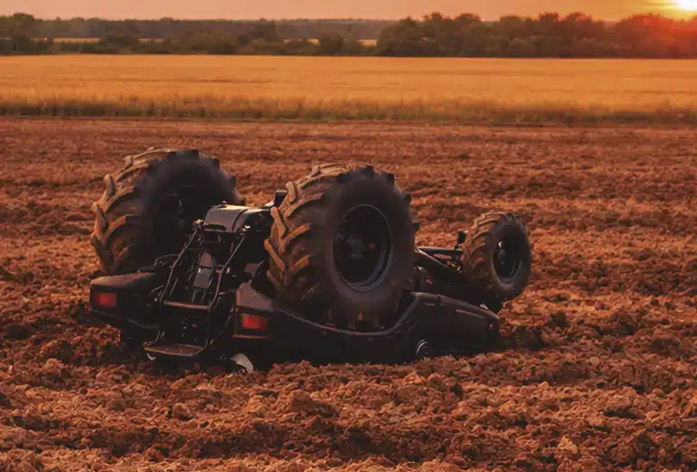Siniestralidad agrícola e incendios en cosechadoras y empacadoras Tractor volcado en un campo agrícola al atardecer