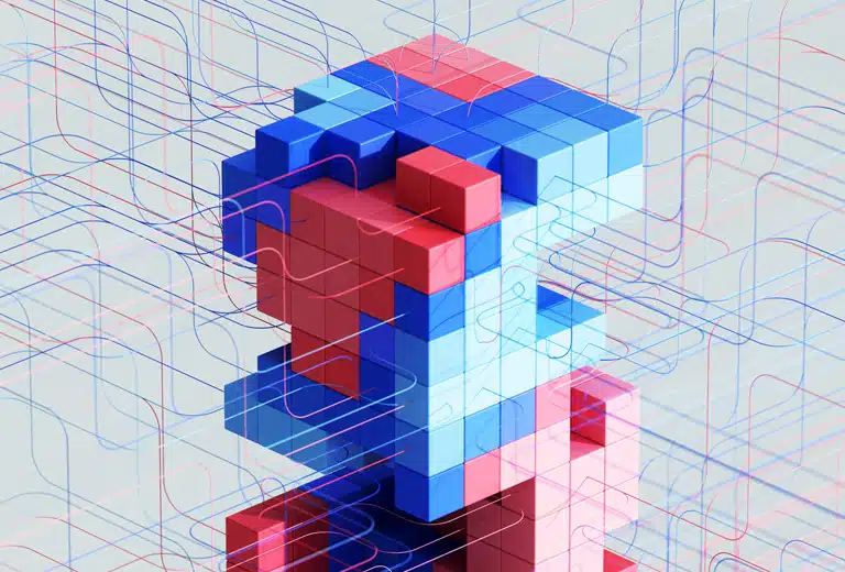 Ilustración conceptual con bloques geométricos y líneas digitales que evocan tecnología y análisis de datos, representando un enfoque informativo sobre seguros, centrado en tendencias y factores clave para el desarrollo de los mercados aseguradores.