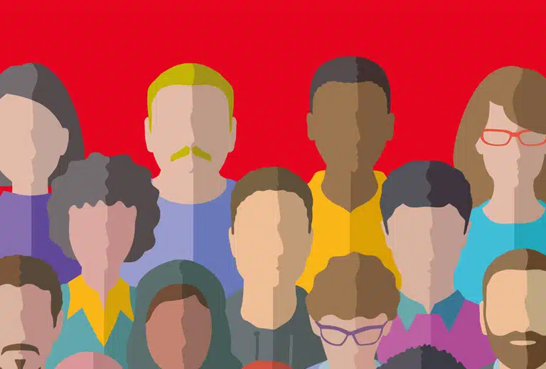 Grupo diverso de personas ilustradas con diferentes tipos de cabello, rostros y colores de piel, vistiendo ropa variada en tonos brillantes, con fondo rojo. Los individuos muestran una variedad de expresiones faciales, reflejando una representación inclusiva y moderna de trabajadores.