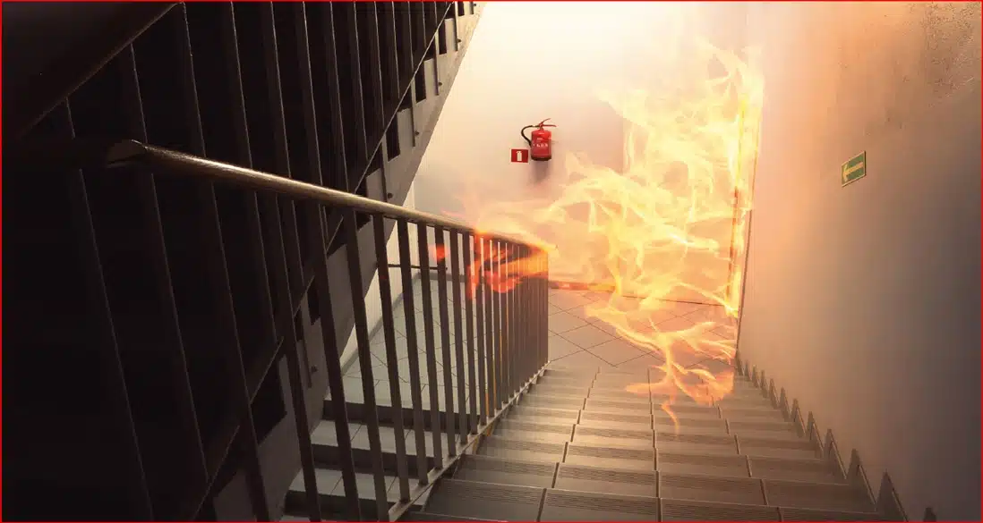 Escalera de un edificio con llamas