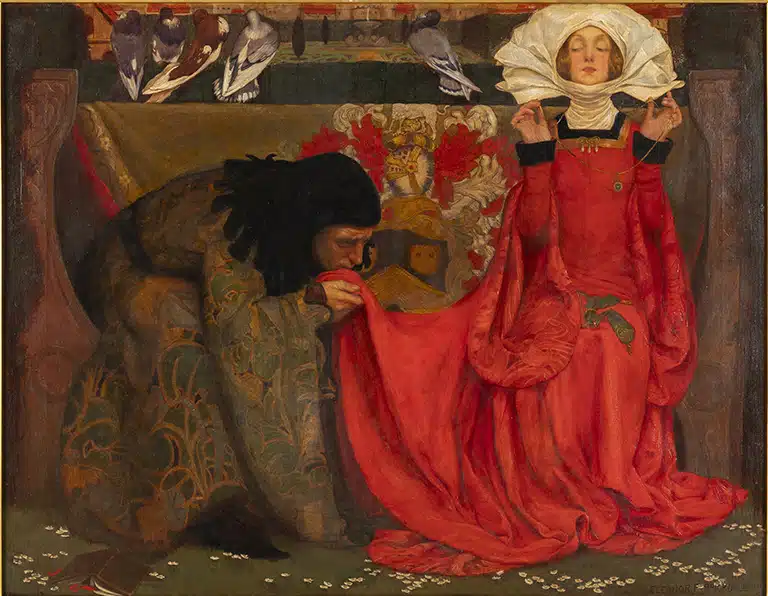 Eleanor Fortescue Brickdale Dama con velo blanco y vestido rojo rechaza a un hombre arrodillado que besa su manto